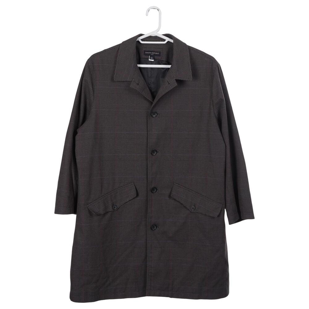 Banana Republic Overcoat Men XXL Gray Glen Plaid Button Up Lined Long Jacket
